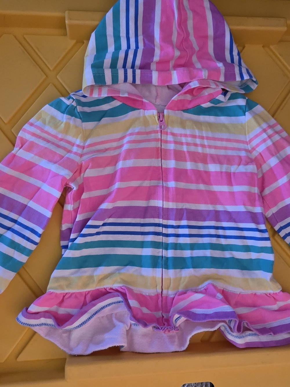 Girls Striped Hooded Zip-Up Ruffle Jacket - Pink Teal Yellow BUNDLE